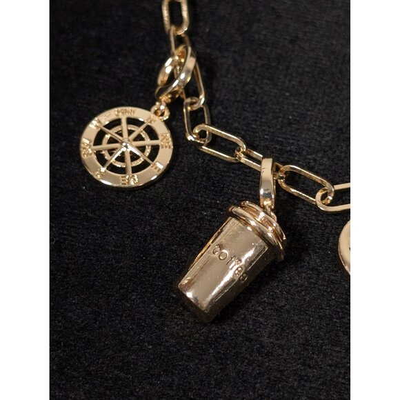 Gold Tone Travel Charm Necklace Coffee Cup Camera Compass 19" NEW - Picture 3 of 7